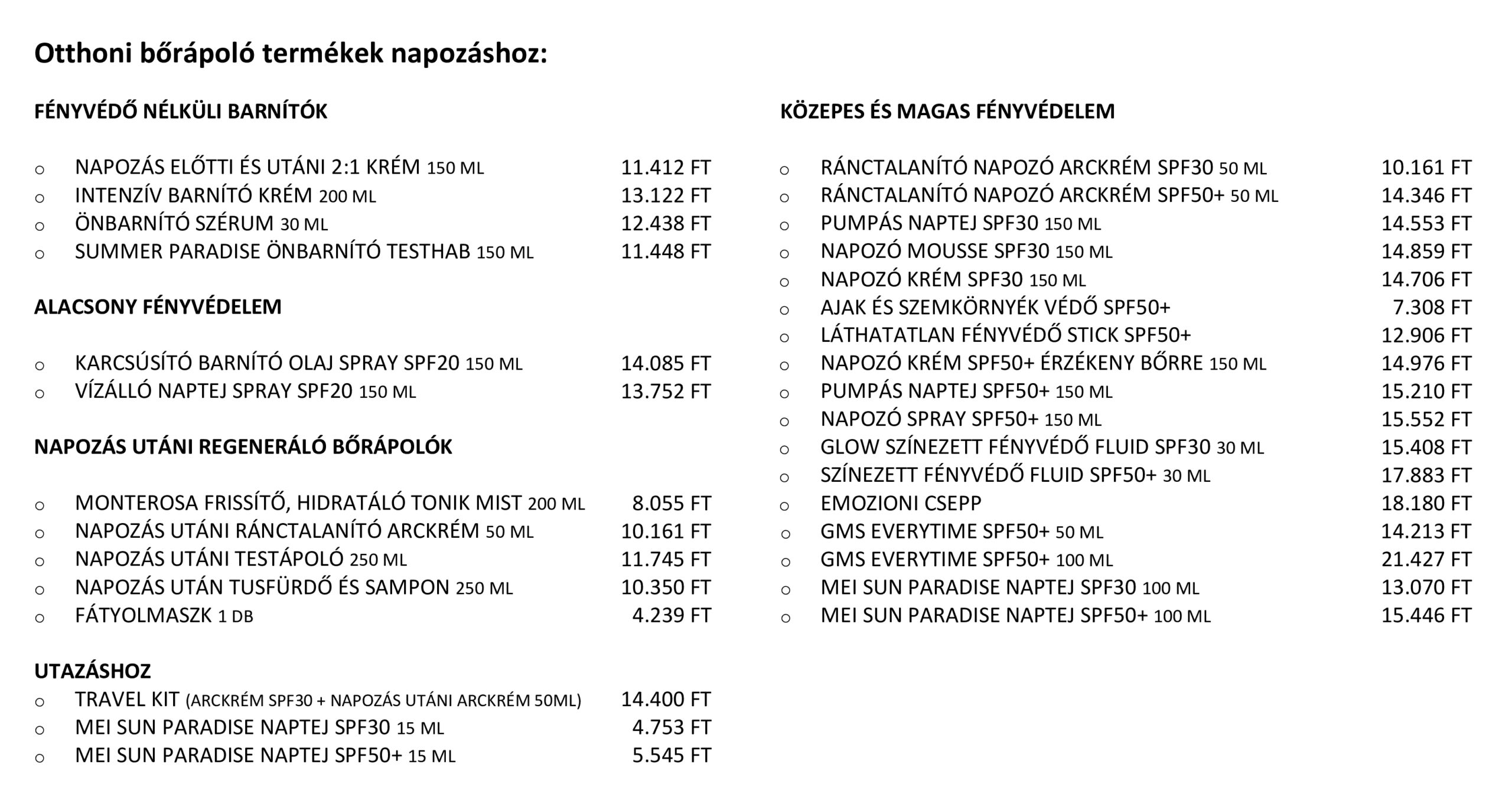 Napozó termék árlista